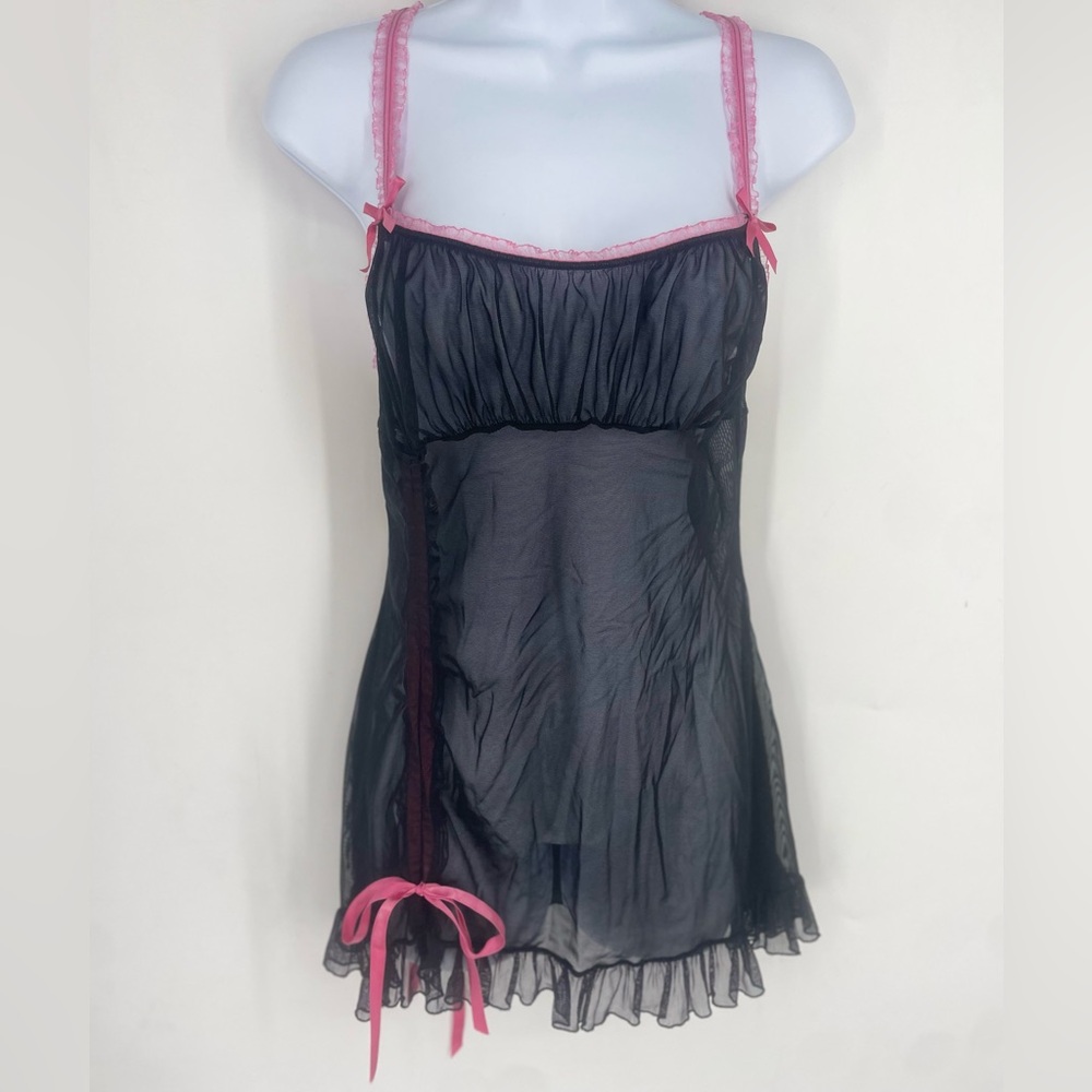 Vintage 90s Fredericks Of Hollywood Medium Black Pink Bow Babydoll Sheer Slip